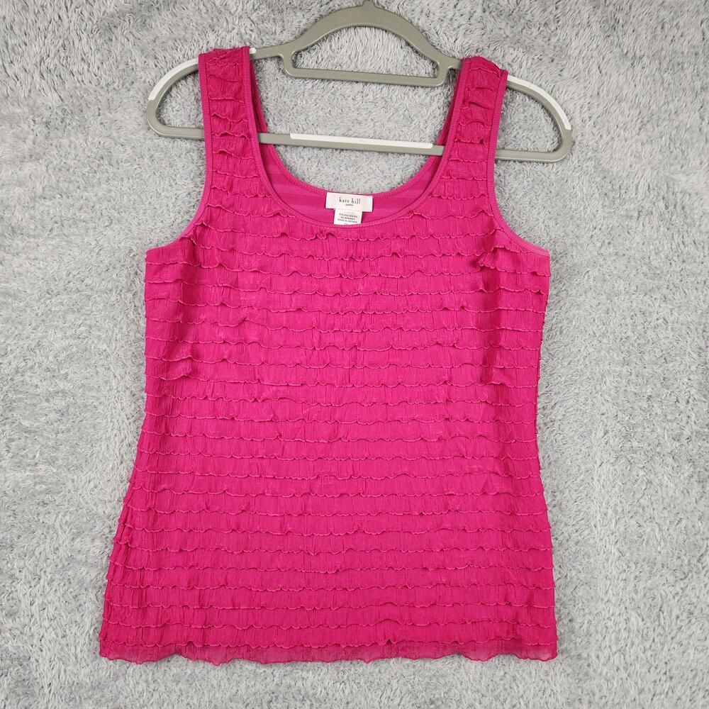 Vintage Kate Hill Tank Top Womens Petite Large Pink Ruffle Knit Scoop Neck Fairy